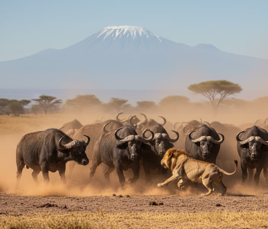 African buffalo herd chasing a lion after a failed attack in Amboseli National Park