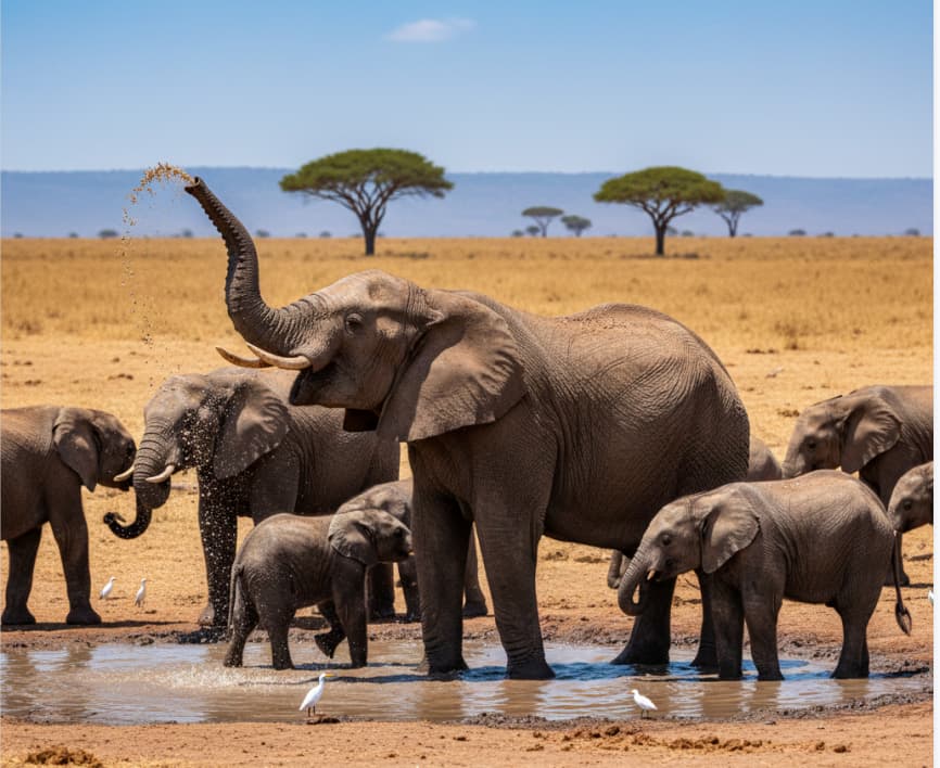 Bull elephant splashing water at a waterhole in Amboseli National Park, Kenya, surrounded by wildlife