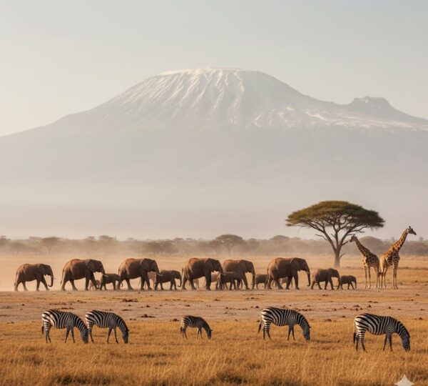 amboseli elephants giraffes zebras with mount kilimanjaro kenya