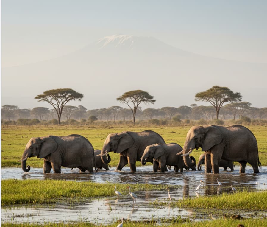 Elephants wading through the green swamps of Amboseli National Park with waterbirds nearby, Kenya.
