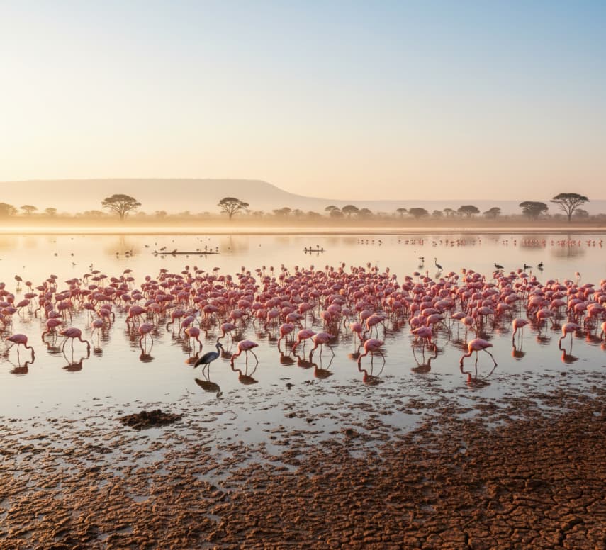 Flamingos and waterbirds feeding on the shallow lake bed of Amboseli National Park, Kenya.