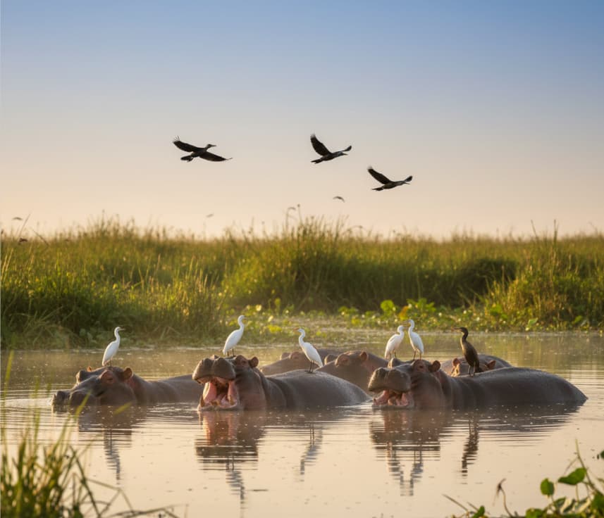 Hippos in shallow swamp water with surrounding wetland vegetation in Amboseli