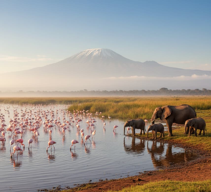 Flamingos wading in a lake with elephants drinking nearby in Amboseli National Park, Kenya.