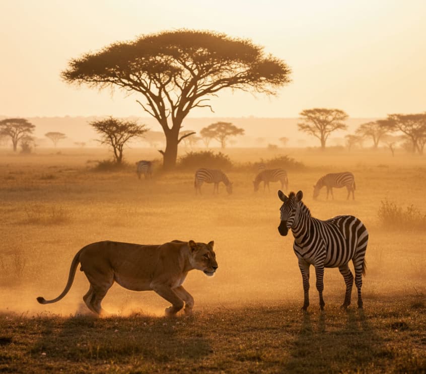 Lion stalking plains zebra in Amboseli National Park savannah
