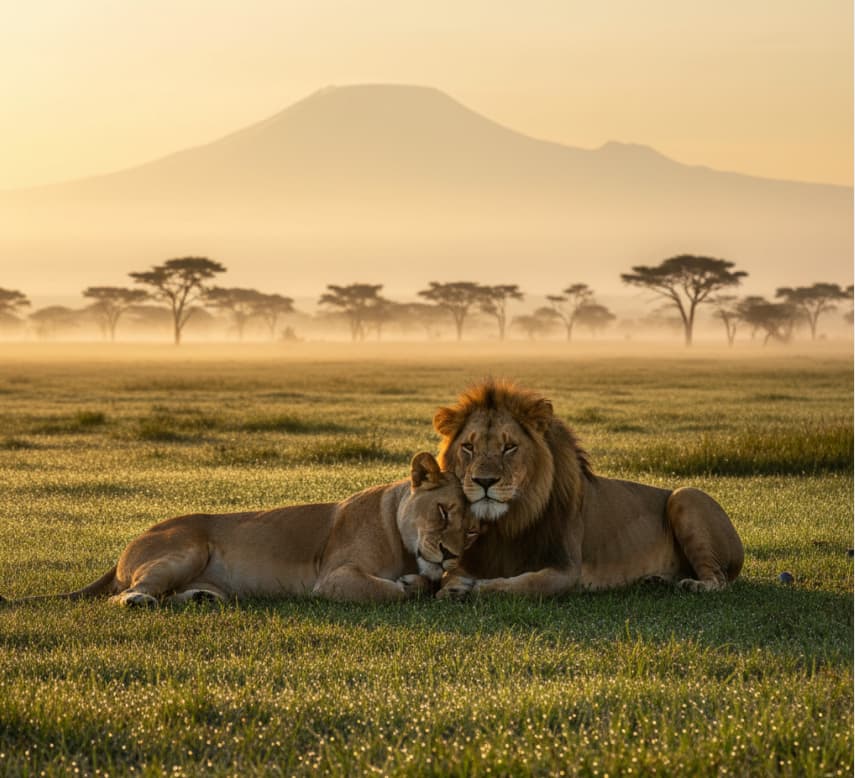 African lions resting on the marshlands of Amboseli National Park at sunrise with Mount Kilimanjaro in the background, Kenya.