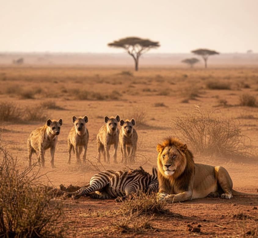A Lion resting beside a zebra carcass as hyenas circle nearby on the Amboseli plains, Kenya.