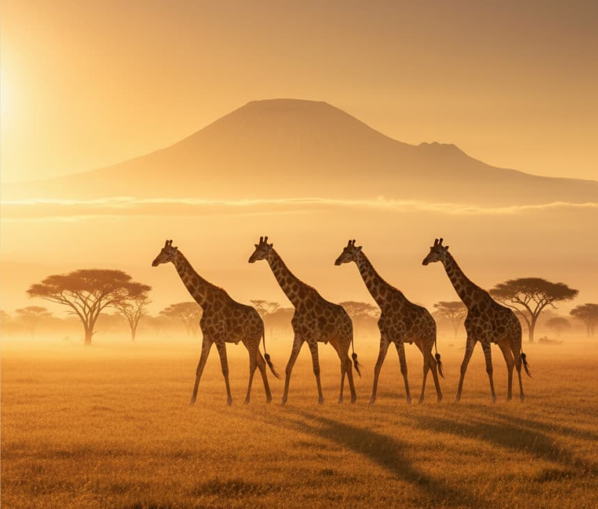 Maasai giraffes walking on the grasslands of Amboseli National Park at sunrise with Mount Kilimanjaro in the background, Kenya.