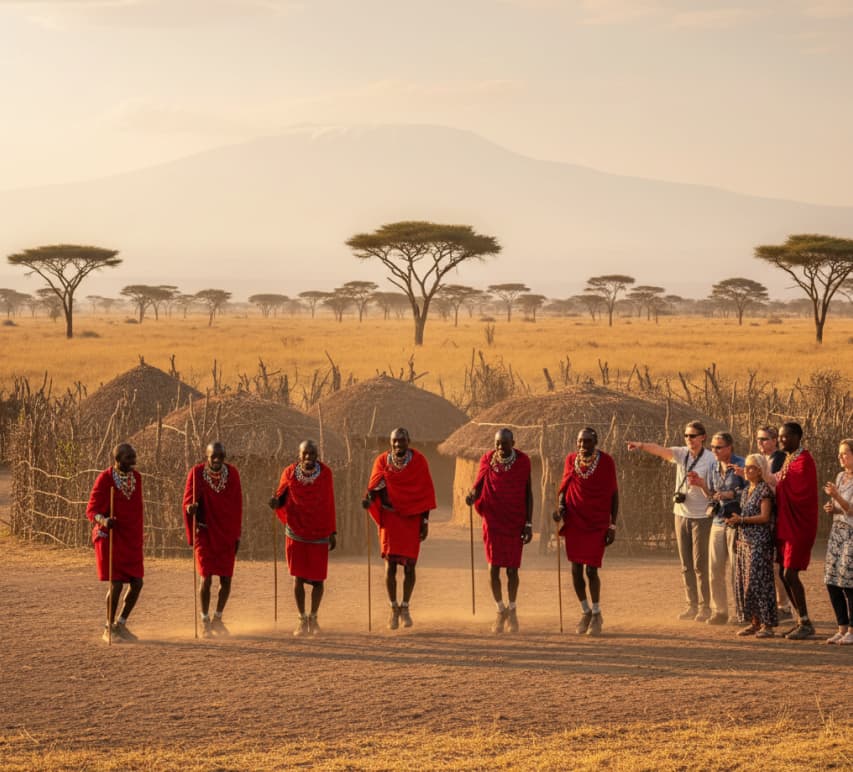 Maasai warriors performing a traditional jumping dance near a Manyatta village in Amboseli, Kenya
