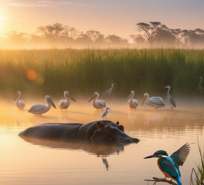 Wetland with waterbirds and hippos in Amboseli National Park