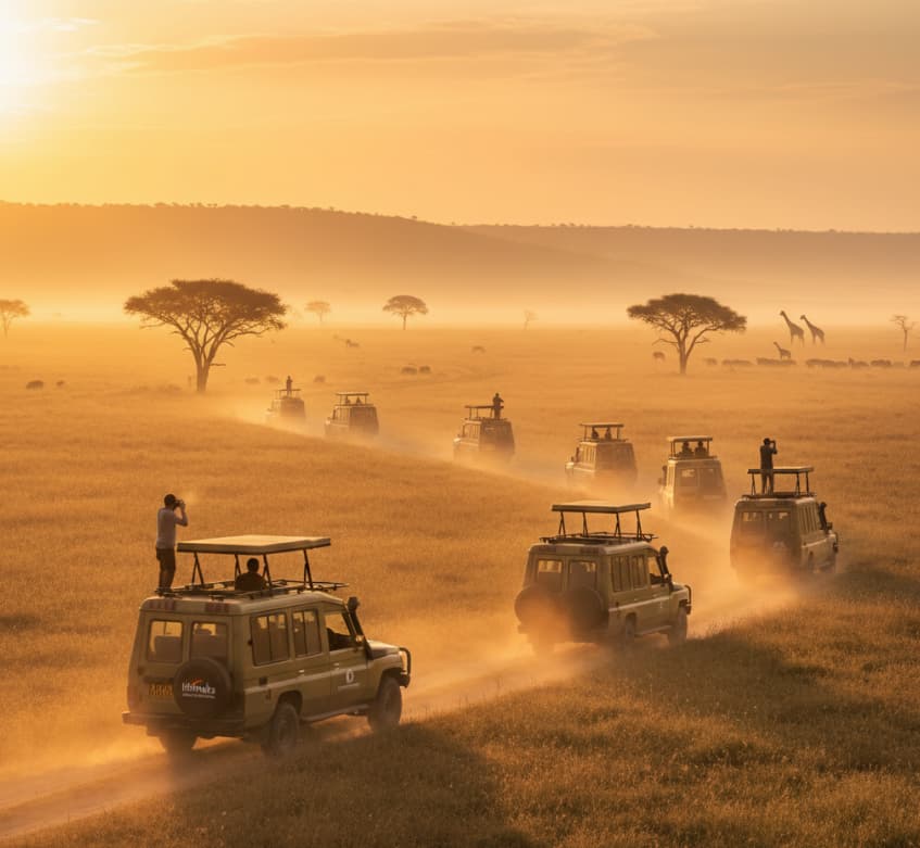 A fleet of safari tourist vehicles driving on a dirt track through the golden, misty Masai Mara plains at sunrise, with acacia trees and distant wildlife, signifying the start of a game drive.