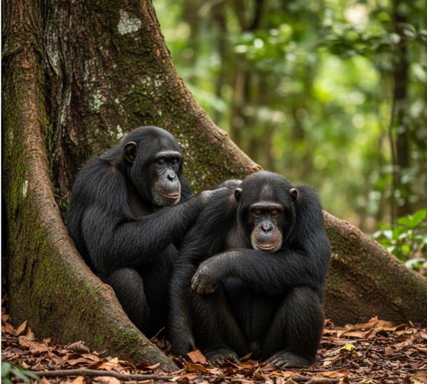 Wild chimpanzees engaging in social grooming in Kibale National Park, illustrating intelligent primate behavior in Uganda.