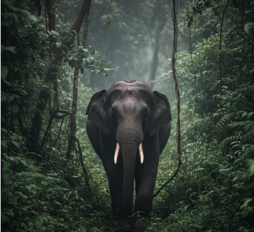 An elusive African forest elephant with straight tusks navigating the dense tropical rainforest of Kibale, Uganda.