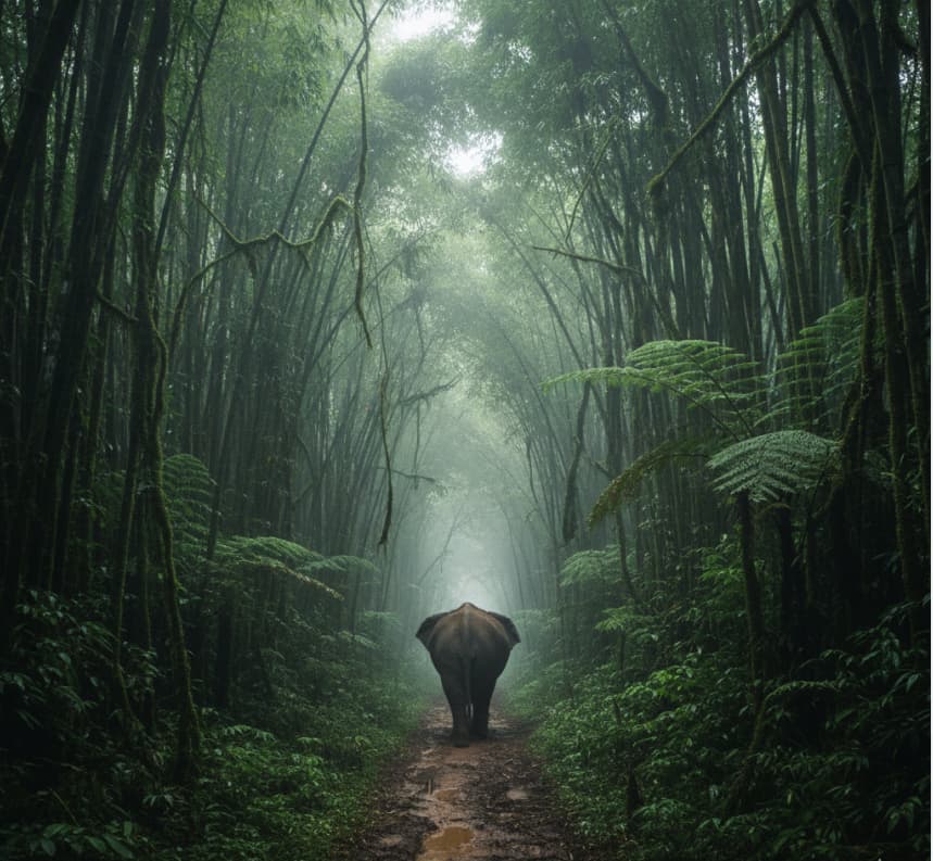 A forest elephant navigating a narrow trail through the dense vegetation of Bwindi Impenetrable National Park.