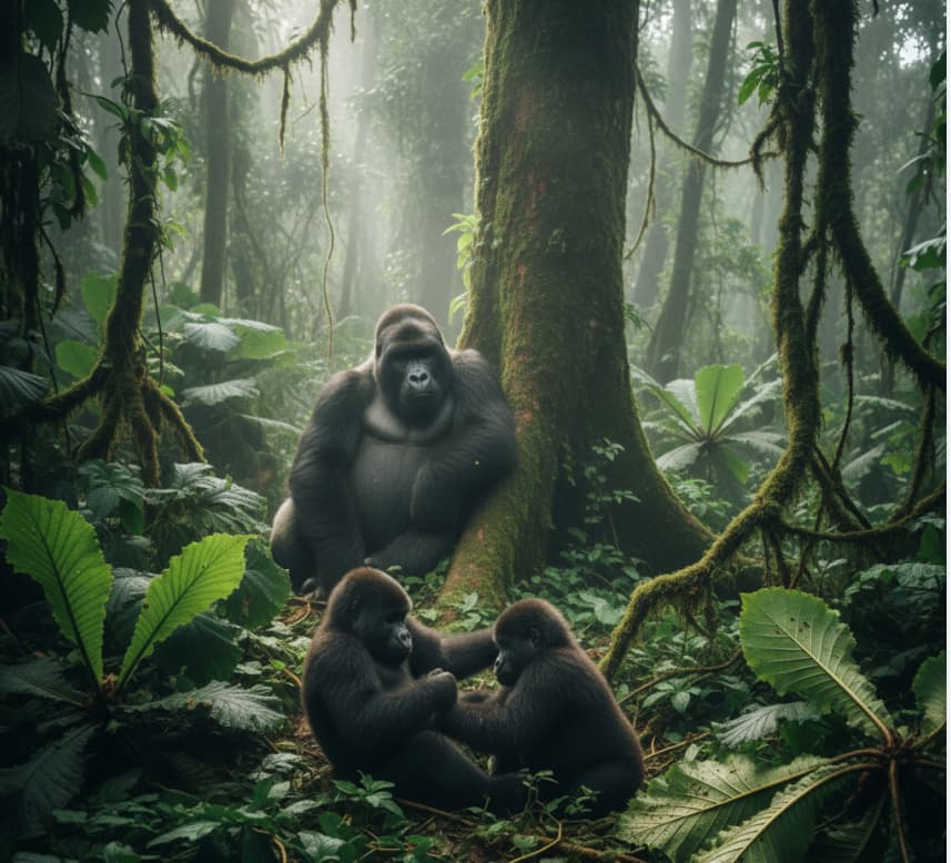 A mountain gorilla family group interacting in their natural rainforest habitat in Bwindi, Uganda.