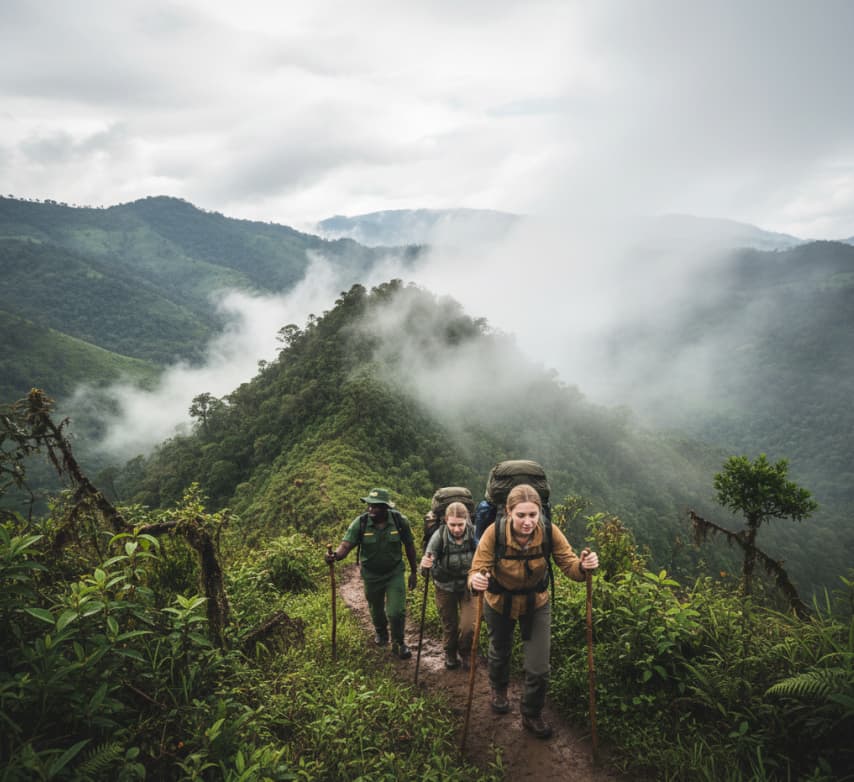 Adventure travelers on a guided gorilla trekking expedition in the misty mountains of Bwindi Impenetrable Forest.