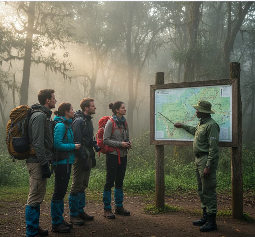 Travelers receiving a safety briefing from a professional UWA ranger before starting their gorilla trek in Bwindi Impenetrable Forest, Uganda.