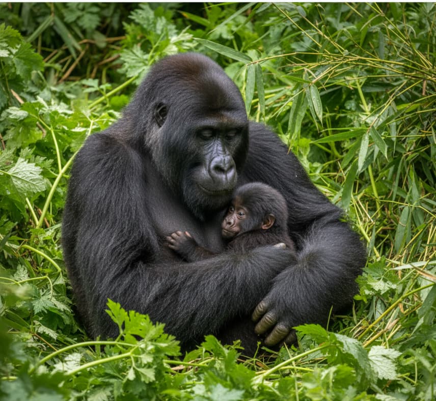 A female mountain gorilla with a baby in Bwindi forest, showing maternal wildlife behavior on a Uganda safari.