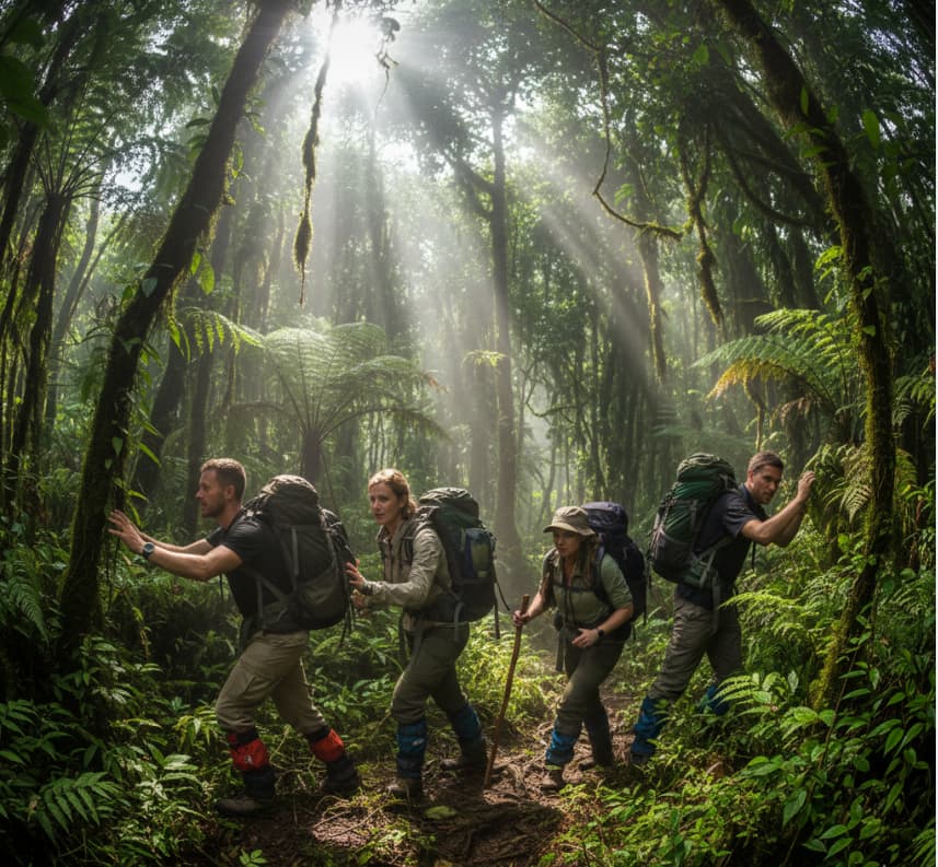 4 Days Gorilla Flying Adventure 2 A guided gorilla trekking expedition through the dense, ancient rainforest of Bwindi, a UNESCO World Heritage site.
