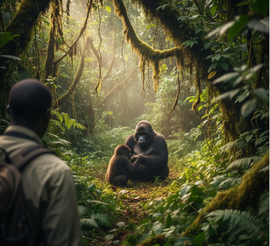 An authentic gorilla trekking encounter in the dense rainforest of Bwindi, showing a family of gorillas in the wild.