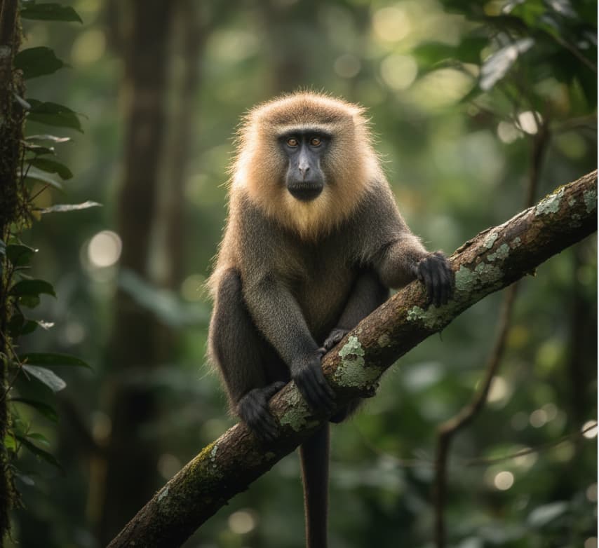 A Grey-cheeked Mangabey in the canopy of Kibale National Park, highlighting the primate diversity of Uganda's forest safaris.