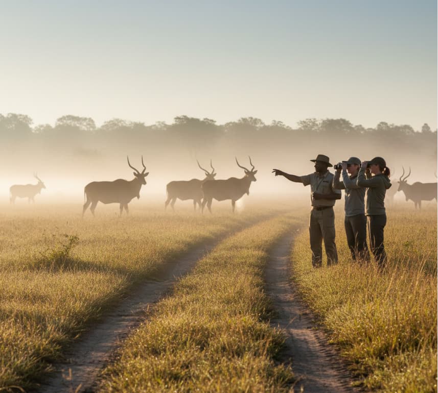A guided walking safari in Lake Mburo National Park, offering close-up encounters with grazing eland and zebras.