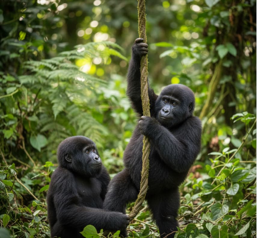 Playful young mountain gorillas interacting under the watchful eye of their family in Bwindi Impenetrable National Park, Uganda.