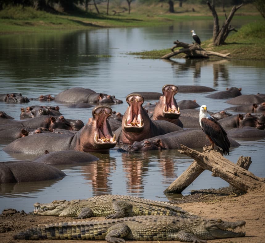 Enormous pods of hippos and Nile crocodiles along the banks of the Kazinga Channel in Queen Elizabeth National Park during a boat safari.