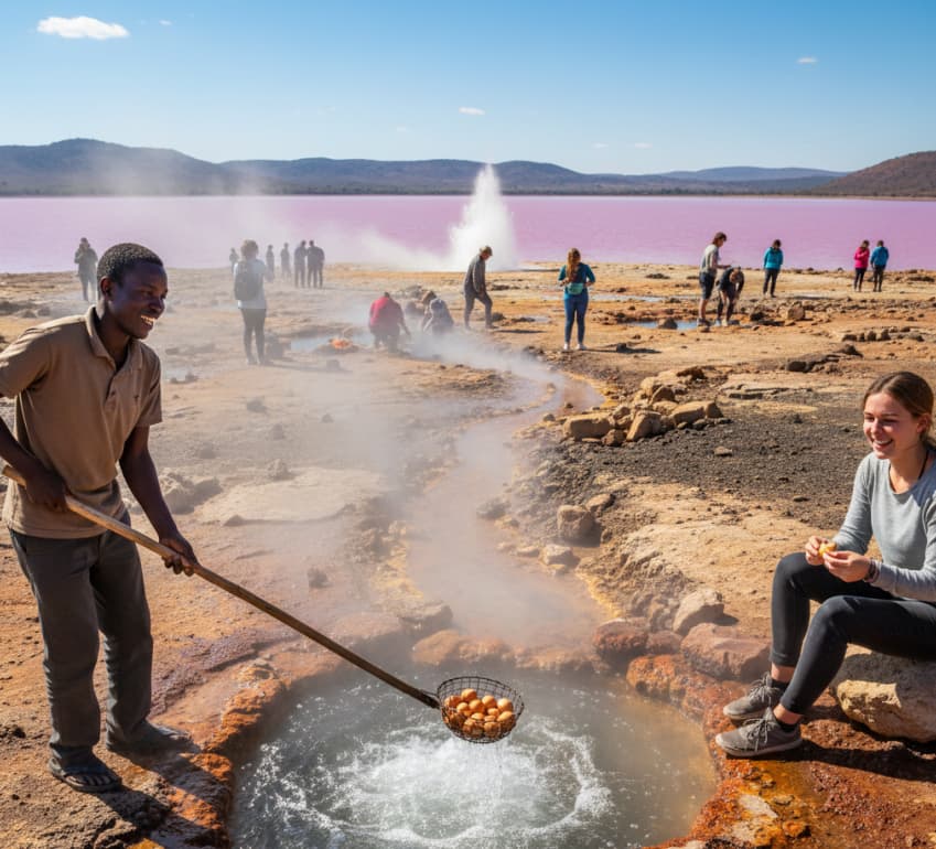 Local guide boiling eggs in natural hot spring at Lake Bogoria geothermal pools, surrounded by steam and rocky shore, Kenya.
