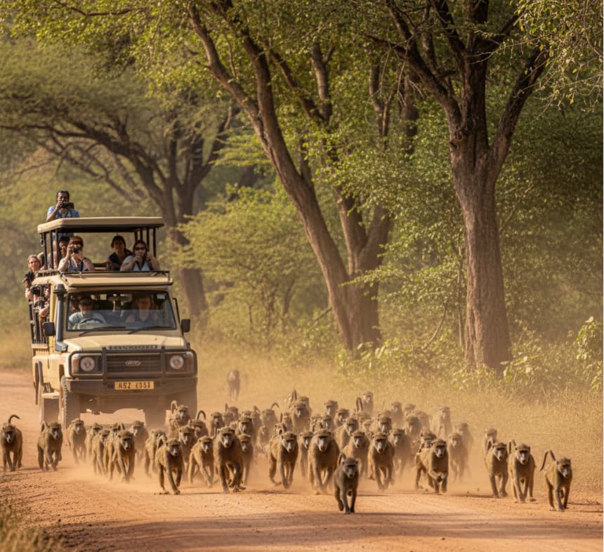 Large troop of olive baboons crossing the road with safari vehicle observers in Lake Manyara National Park, Tanzania