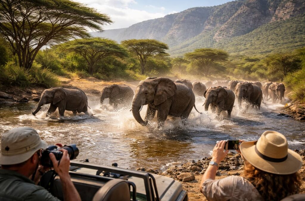 Elephant herd splashing across a shallow river in Lake Manyara National Park with safari guests photographing, Tanzania