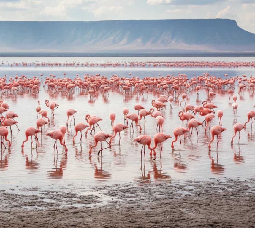 Thousands of pink flamingos feeding along the soda lake shoreline at Lake Manyara National Park, Tanzania