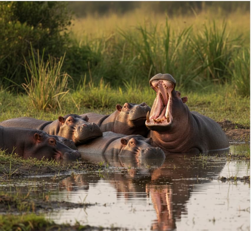 Hippos resting and yawning in a wetland pool at Lake Manyara National Park, Tanzania