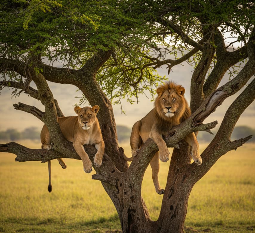 Two lions resting on acacia branches in Lake Manyara National Park, Tanzania