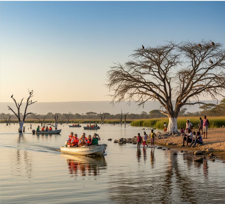 Tourists and locals enjoying boat rides and beach activities at Lake Naivasha, with dry trees in the lake and birds flying overhead, Kenya.