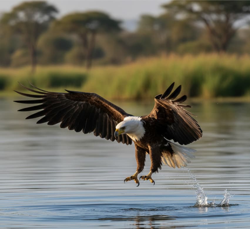 African fish eagle diving toward Lake Naivasha surface to catch a fish.