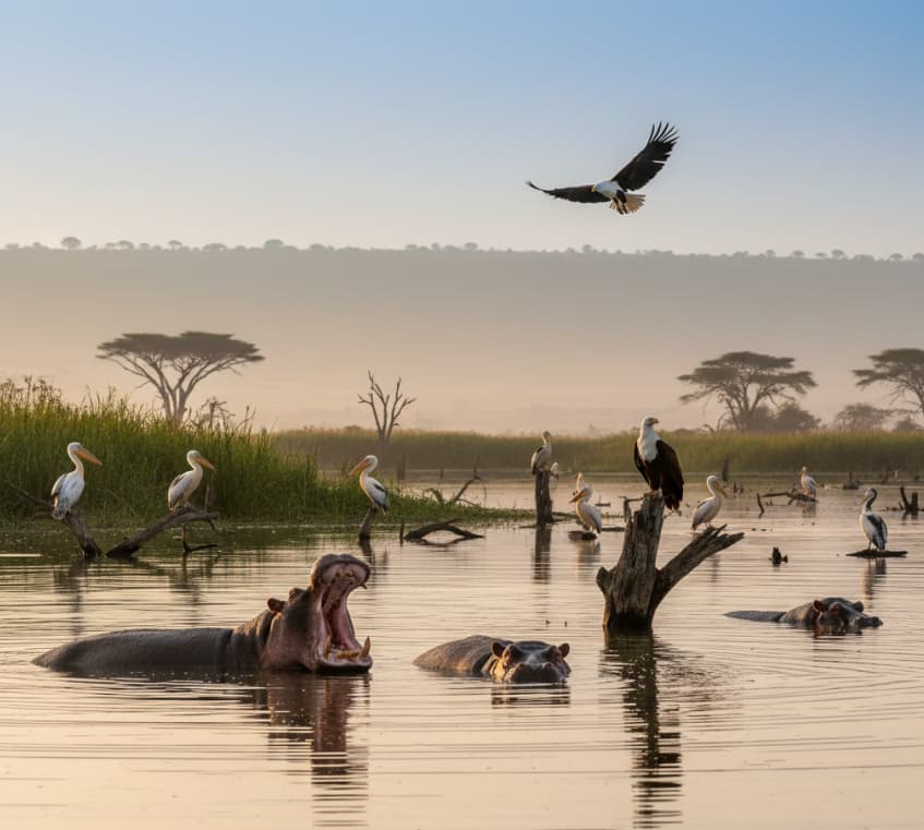 Hippos and waterbirds on calm waters at Lake Naivasha at sunrise, Kenya — peaceful lake safari scene.