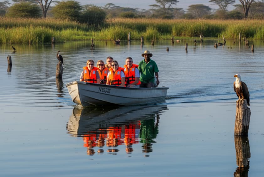 Tourists wearing life jackets enjoying a peaceful motor boat ride on Lake Naivasha, Kenya.