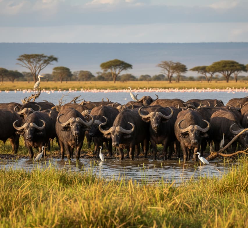 African buffalo herd drinking at waterhole with wetland reeds and waterbirds at Lake Nakuru, Kenya.