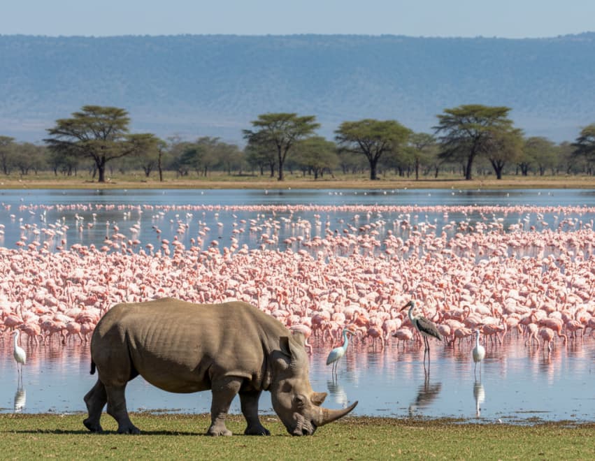 White rhino grazing near Lake Nakuru with flamingos and birdlife in the background, Kenya.