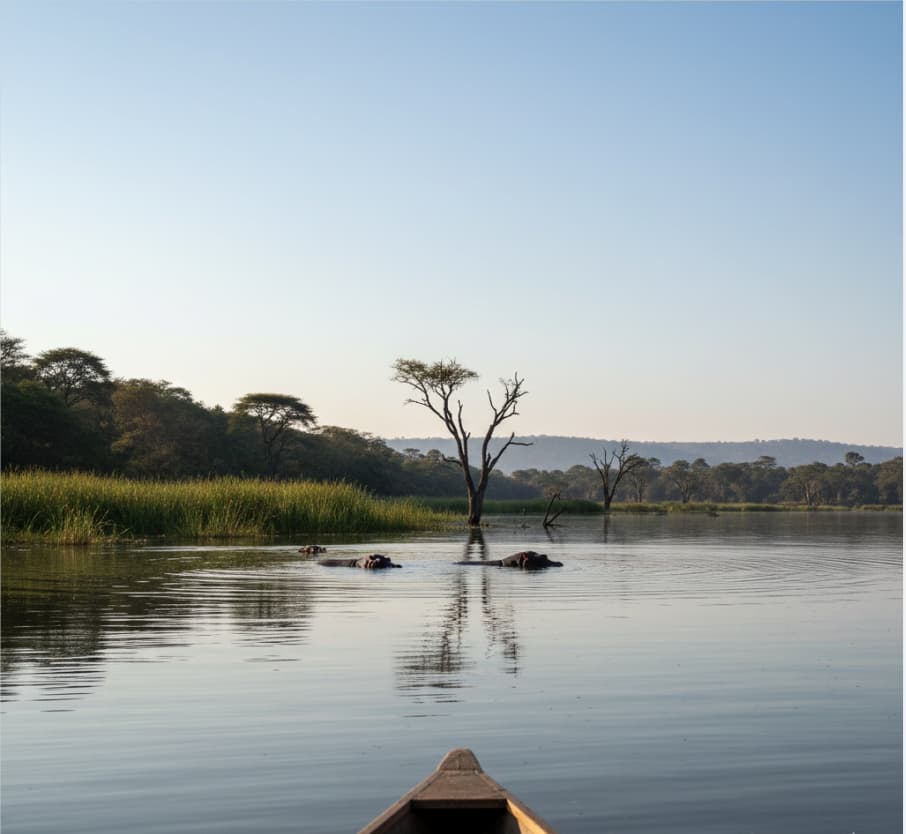 2 Days Lake Nakuru-Lake Naivasha Safari 4 hippos near wooded shoreline, Rift Valley Kenya