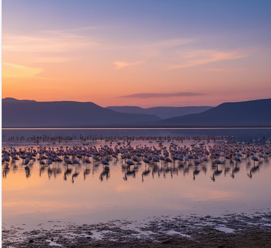2 Days Lake Nakuru-Lake Naivasha Safari 5 Flamingos and waterbirds at Lake Nakuru shoreline at dusk with Rift Valley hills backdrop, Kenya