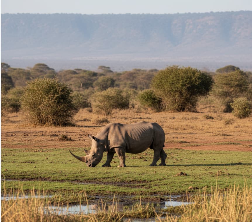 2 Days Lake Nakuru-Lake Naivasha Safari 1 White rhino grazing on grassland near Lake Nakuru wetlands, Kenya