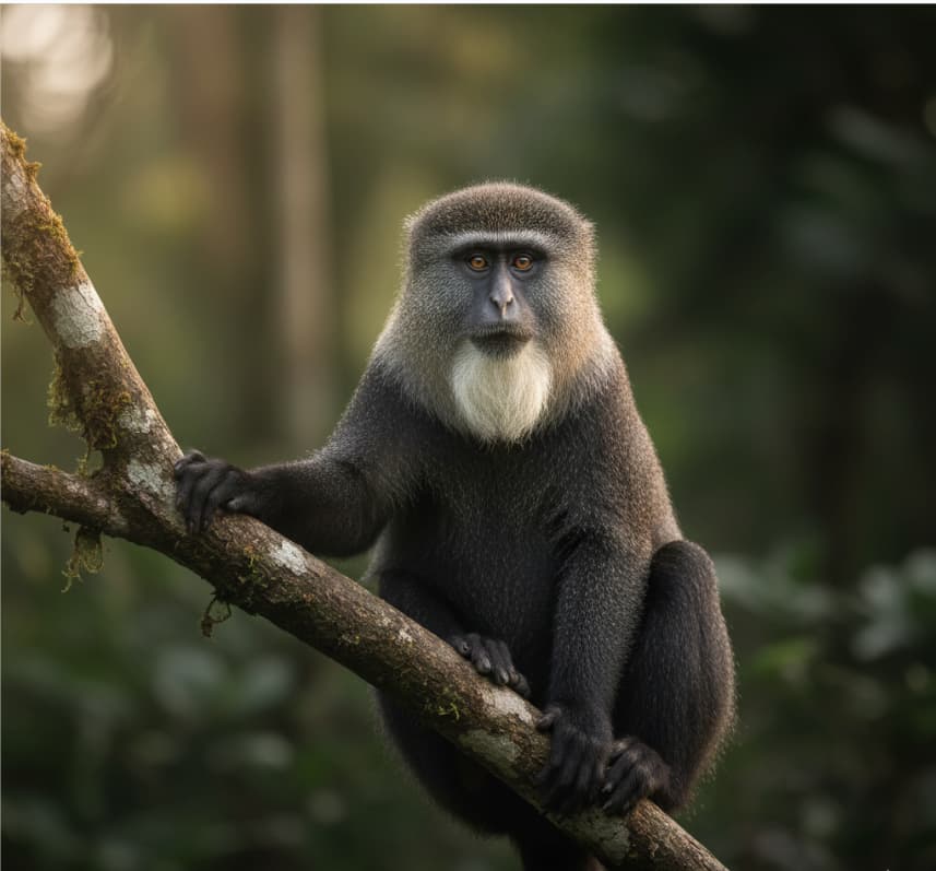 A rare L’Hoest’s monkey perched in the canopy of Bwindi Impenetrable National Park, showcasing Uganda's primate diversity.