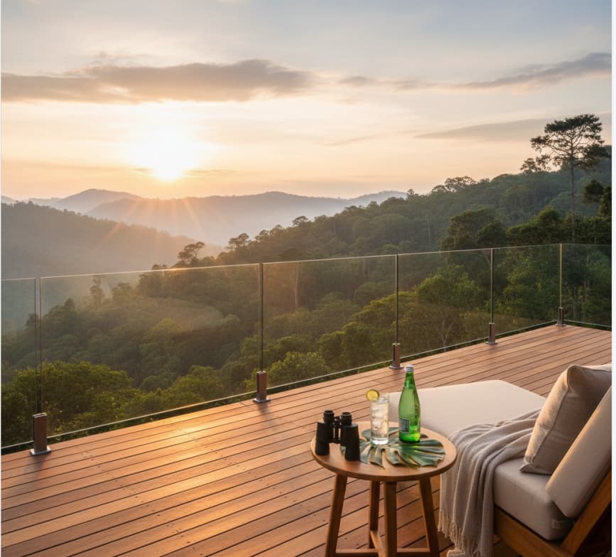 Luxury safari lodge balcony view overlooking the green canopy of Bwindi Impenetrable Forest during sunset.