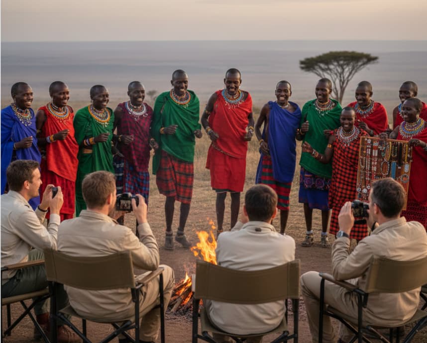 Maasai traditional dance and beadwork display near the Ngorongoro Crater rim, Tanzania