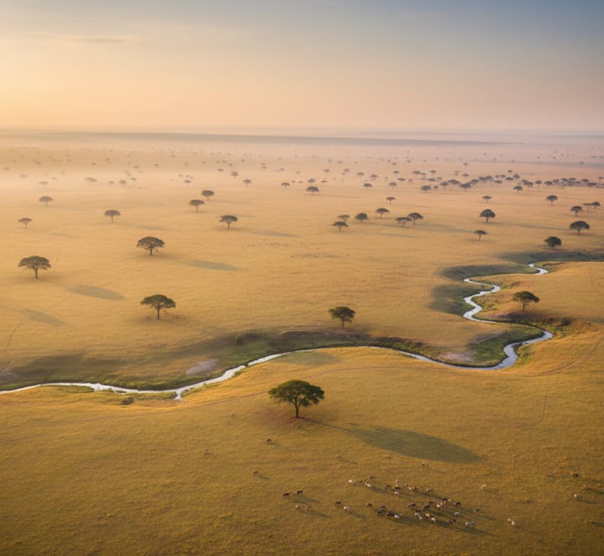 2 Days Masai Mara 5 Aerial view of Masai Mara grasslands with acacia trees and herds of zebras and wildebeest at sunrise