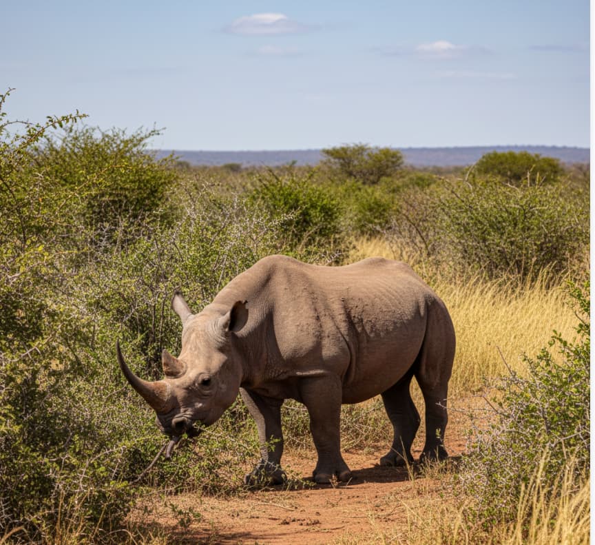 2 Days Masai Mara 2 a Black rhinoceros grazing in acacia woodland in Masai Mara National Reserve