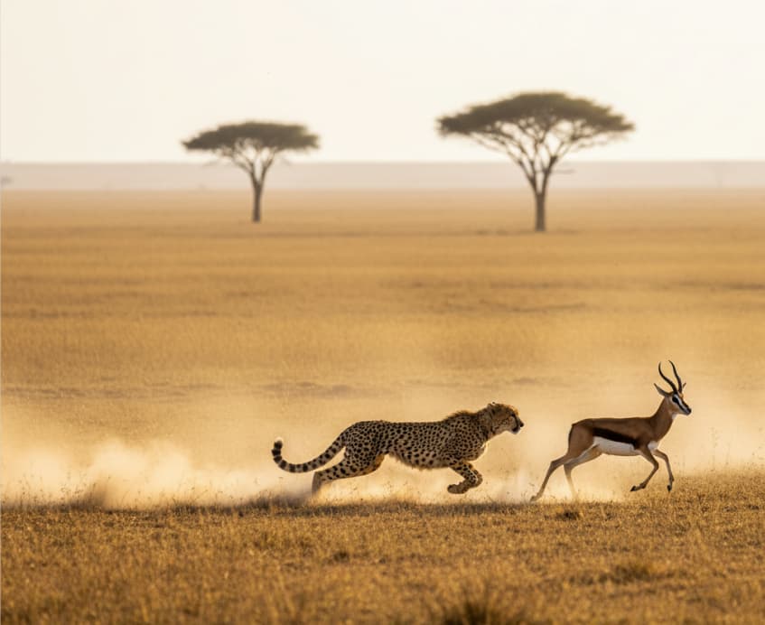 Cheetah sprinting after a Thomson’s gazelle on the open plains of Masai Mara National Reserve, Kenya.