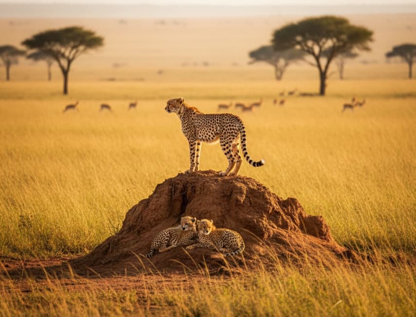 Cheetah mother watching the Masai Mara plains while her cubs rest nearby