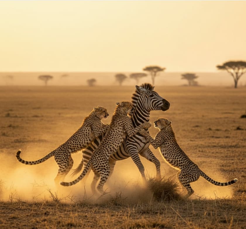Cheetahs facing a Zebra during a predator-prey encounter in Masai Mara National Reserve, Kenya.